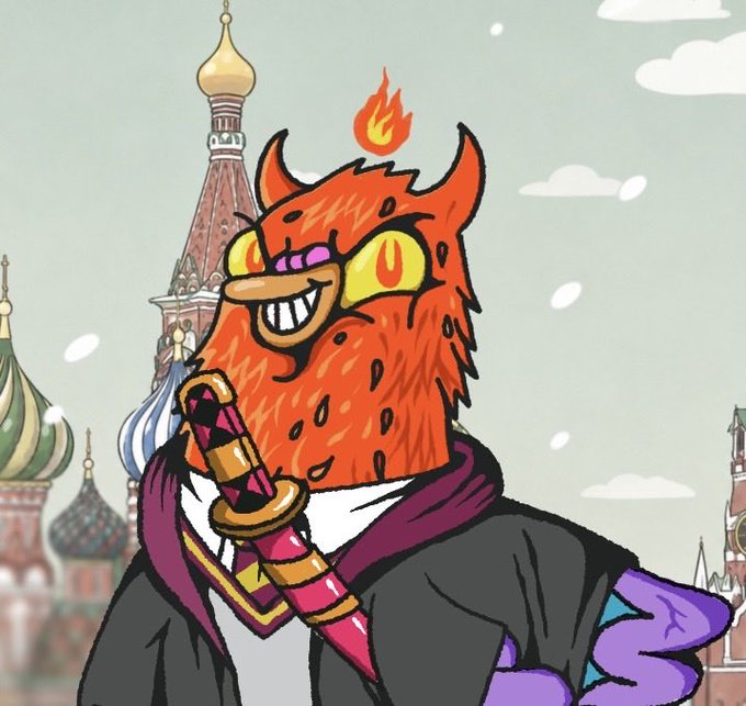 A red horned demon character with a flame on its head and a katana stands in front of a backdrop of colorful onion-domed buildings reminiscent of Moscow's St. Basil's Cathedral, visually representing the "final boss" concept referenced in the post about OpenAI's dominance in the internet and crypto landscape.