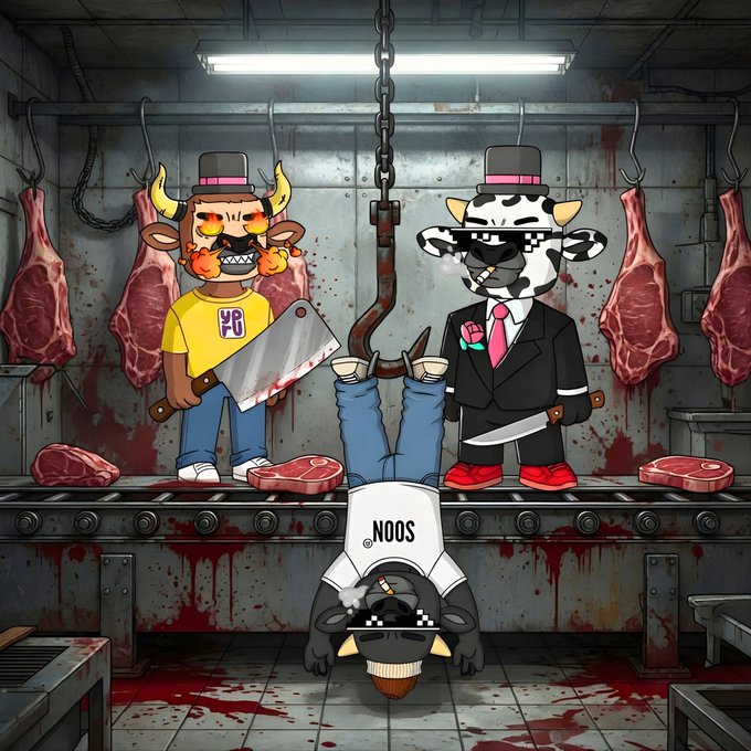 The image features a cartoon scene of three cow characters, including one wearing a black suit with sunglasses, standing next to each other near a meat processing area where they are surrounded by various cuts of meat hanging from hooks. The cow character on the left is holding a knife and appears to be cutting up some meat. The cow in the middle has its head stuck upside down over another cow's head that is wearing a hat. The cow on the right is standing next to a chair, which could potentially be used for seating during their meeting with the cow characters.
