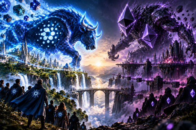 An epic fantasy artwork depicting two opposing factions separated by a glowing chasm — warriors in blue cloaks facing a massive blue bull on one side, and dark figures with purple crystalline symbols facing a shadowy beast on the other.