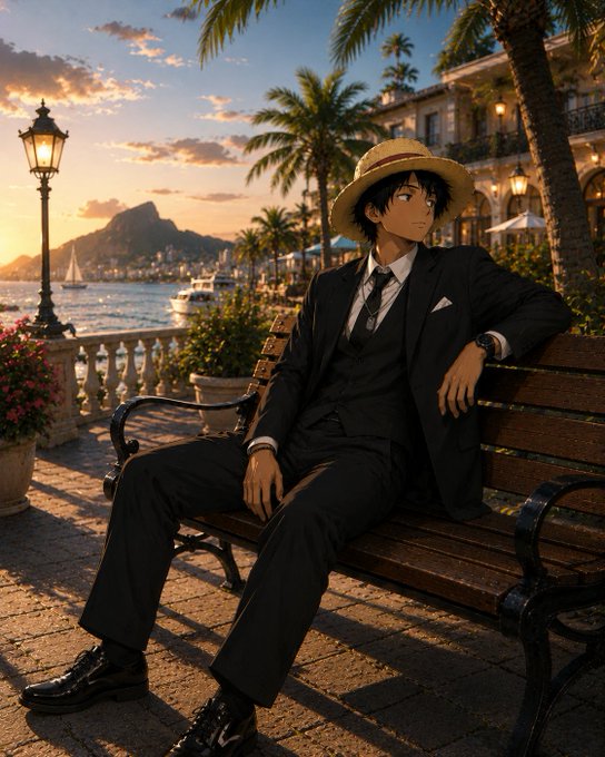 An anime-style illustration of a young man wearing a black suit and straw hat, sitting on a wooden bench on a Mediterranean waterfront promenade at sunset with palm trees and a vintage lamp post.