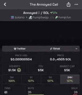 A mobile screenshot of a meme coin tracker showing 'The Annoyed Cat' (Announced / SOL) with a 37% change, priced at $0.000100504, with $1.5K liquidity, $5K FDV, and $5K market cap, available on Solana via Pumpswap and Pump.fun.