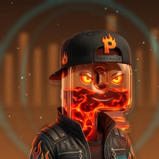 A digital illustration of a character with a flame-filled face wearing a baseball cap with a 'P' logo.