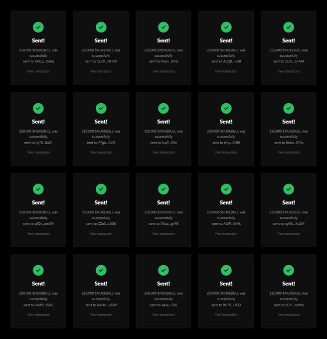 A grid of 20 confirmation screens showing successful transactions of 250,000 SNKEBULL tokens sent to various wallet addresses, each marked with a green 'Sent!' checkmark.
