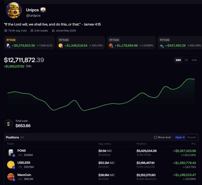 The image shows a crypto trading dashboard for user "Unipcs" (@unipcs) displaying a portfolio value of $12,711,872.39 with major open positions in PONS (12.51M tokens, +7,912.08%), USELESS (15.9M tokens, +153.79%), and MarsCoin (24.9M tokens, +120.66%). The caption reinforces the post's message by visually showcasing Unipcs's track record of successful long-term token holdings, supporting the recommendation to follow his investment picks during the Robinhood onchain wave.