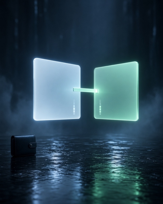 A glowing digital wallet sits on a wet, reflective surface, illuminated by two suspended translucent panels—one cool white and one glowing teal—connected by a small horizontal bar, visually symbolizing the link between building a trading agent and earning credit on Polymarket. The wallet's quiet presence reinforces the post's message that capital isn't required upfront; instead, performance builds the Agentics Credit Score (ACS) needed to qualify for trading.