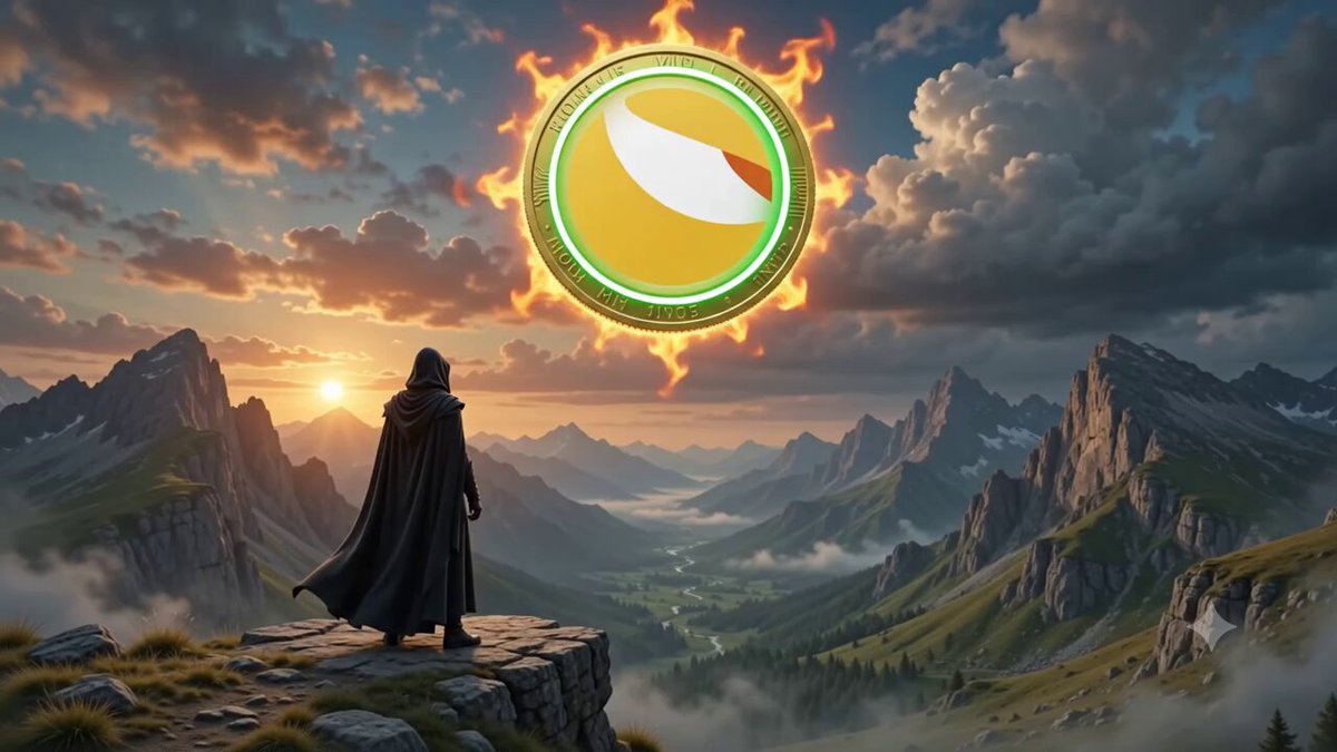 The image features a man standing atop a cliff, overlooking a valley below with mountains in the background. The sun is setting behind the mountains, casting an orange glow over the scene. A large golden coin is prominently displayed in the center of the image, surrounded by a radiant yellow circle that appears to be radiating from it. The caption "Decentralized governance is the key $LUNC" suggests that the man's position on top of the cliff and his gaze towards the sunset symbolize the importance of decentralization and individual freedom in today's world.