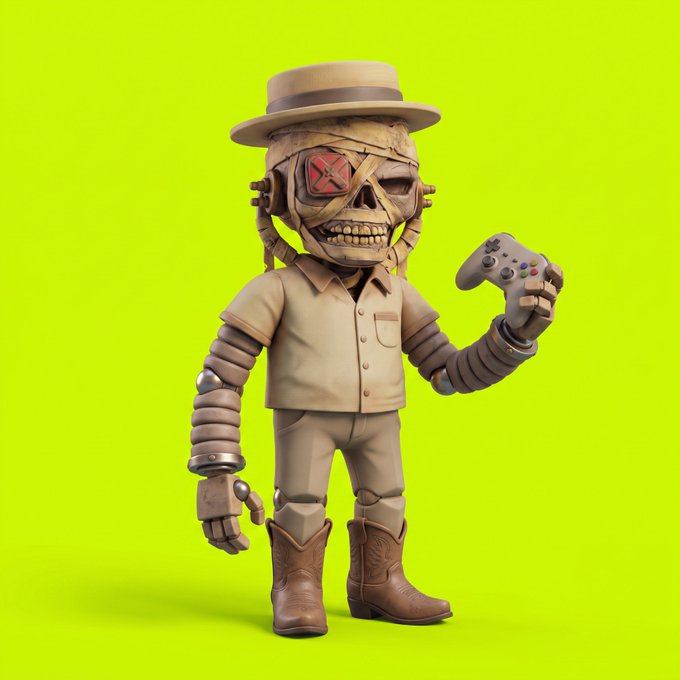 A 3D rendered character on a neon green background: a cowboy hat-wearing skeleton figure with an X over one eye, a robotic arm, and brown boots, holding a video game controller.