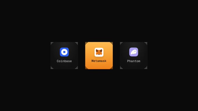 Three wallet application icons are displayed in a row on a black background: Coinbase, MetaMask (highlighted in orange), and Phantom.