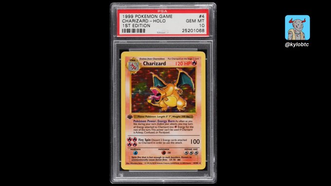 A graded PSA Gem Mint 10 1999 Pokemon Game Charizard 1st Edition holographic card, with a '@kylobtc' watermark featuring a cartoon cow.