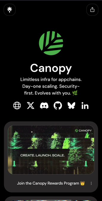 A mobile profile page for 'Canopy' with the tagline 'Limitless infra for appchains. Day-one scaling. Security-first. Evolves with you.' and social media icons.