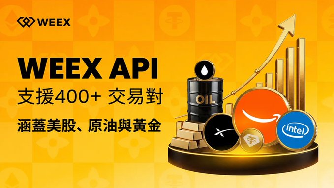 An orange promotional graphic for the WEEEX API advertises support for over 400 trading pairs including US stocks, crude oil, and gold.