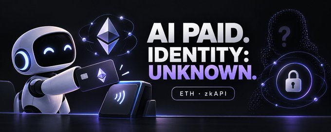 A promotional graphic featuring a white robot holding a smartphone with an Ethereum logo, next to the words 'AI PAID. IDENTITY: UNKNOWN.' and 'ETH · zkAPI', with a mysterious hooded figure in the background.