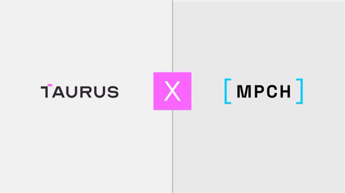 A simple graphic featuring the text "TAURUS" on a light gray background separated by a thin vertical line from "[MPCH]" displayed in dark text with light blue brackets, with a pink square containing a white "X" between them, symbolizing the partnership between Taurus and MPCH for expanding U.S. digital asset custody infrastructure.