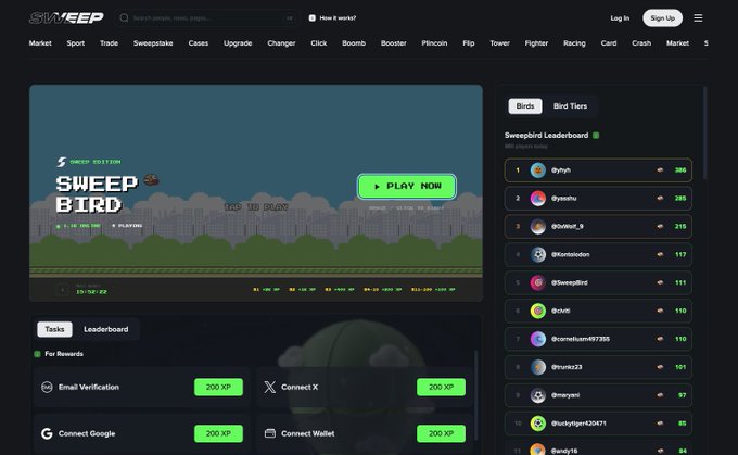 A screenshot of the SWEEP gaming platform homepage featuring a 'SWEEP BIRD' game banner, a play now button, a task leaderboard, and a 'SweepBird Leaderboard' showing top players.