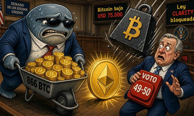 A satirical political cartoon depicting a sweating, shady figure pushing a wheelbarrow filled with gold Bitcoin coins labeled '866 BTC' toward an Ethereum coin, while a nervous politician holds a 'VOTO 49-50' button, with background text mentioning 'SENADO DE LOS ESTADOS UNIDOS', 'Bitcoin bajo USD 75.000', and 'Ley CLARITY bloqueada'.