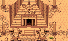 A pixel art depiction of an ancient Egyptian-style pyramid or temple entrance with steps, columns, and statues, reminiscent of classic adventure video games.
