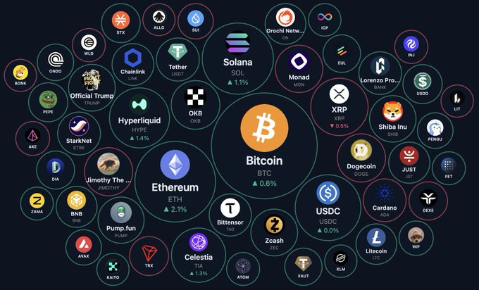 A visualization displays cryptocurrency logos arranged in a network of interconnected circles centered around Bitcoin (BTC, ▲0.6%), with top engaged coins including Ethereum (ETH, ▲2.1%), Solana (SOL, ▲1.1%), USDC, Hyperliquid (HYPE, ▲1.4%), XRP (▼0.5%), Celestia (TIA, ▲1.3%), OKB, and Dogecoin (DOGE). The bubble chart format visually represents the strongest community engagement across various crypto tokens, directly illustrating the accompanying post's ranking of top coins by social activity.
