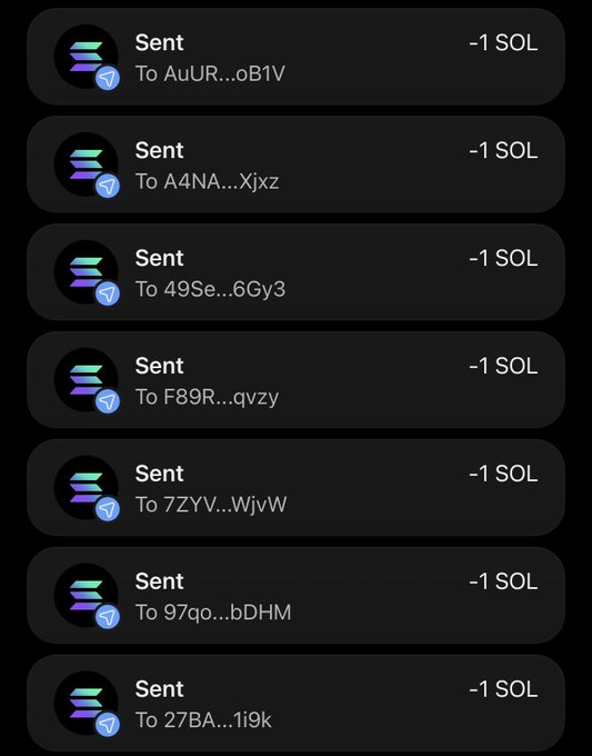A cryptocurrency transaction history showing multiple "Sent" transactions of "-1 SOL" to various wallet addresses (AuUR...oB1V, A4NA...Xjxz, 49Se...6Gy3, F89R...qvzy, 7ZYV...WjvW, 97qo...bDHM, 27BA...1i9k), illustrating the 10 SOL giveaways the poster is distributing to random winners.