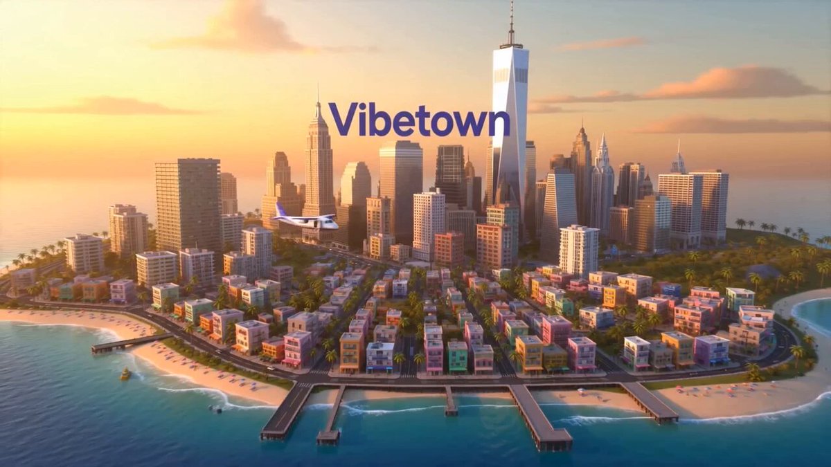 The image features an aerial view of a city with a large skyscraper, likely representing the New York City skyline. The sky above the city has a beautiful sunset color, creating a warm and inviting atmosphere. In the foreground, there are two boats on the water near the shoreline. The post is titled "Vibetown" in white text at the top of the image, with the words "@goodvibesclub" written below it. Below that, there's an image of a person wearing a Ferrari car and holding a cell phone.