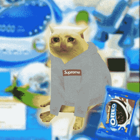 A heavily distorted, glitch-art style image of a cat wearing a gray 'Supreme' hoodie alongside an Oreo package against a chaotic blue background.