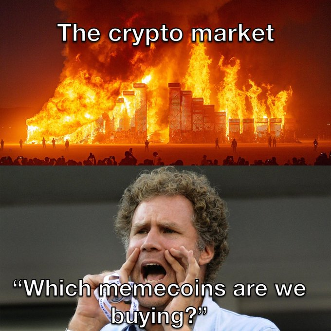 A meme showing a man screaming "Which memecoins are we buying?" below an image of a massive fire labeled "The crypto market," humorously capturing the chaos of investing in volatile memecoins like $SHT and $VEME even as the broader market burns.