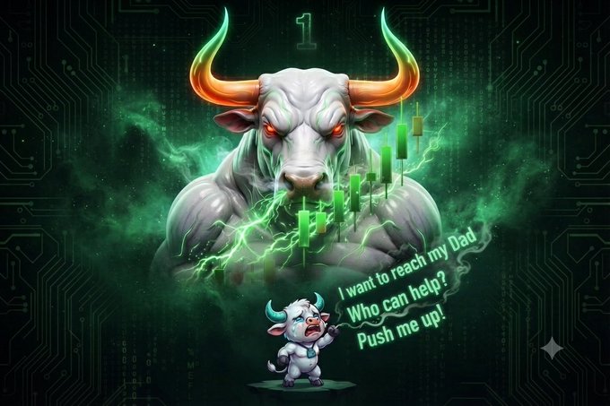 A digital artwork featuring a large white bull with glowing eyes and green electrical effects, alongside a smaller bull character, with text reading 'I want to reach my Dad Who can help? Push me up!' and a '1' at the top.