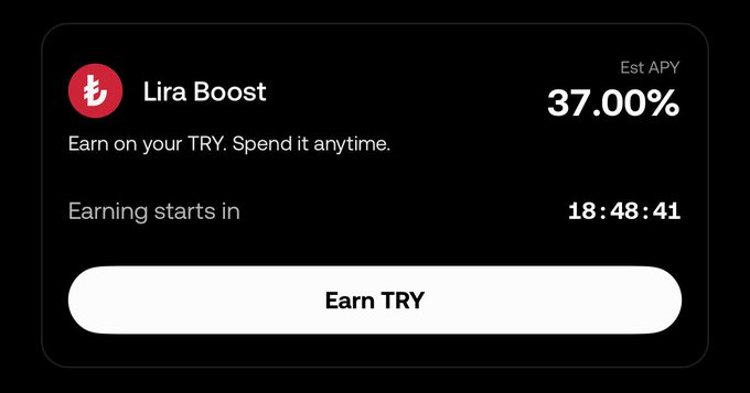A promotional banner for OKX's "Lira Boost" feature, displaying an estimated APY of 37.00% for earning on TRY with a countdown timer showing "18:48:41" until earnings start, and an "Earn TRY" call-to-action button. The image aligns with the announcement about OKX TR's TL Interest Accrual feature, highlighting the high-yield earning opportunity for TRY (TL) holdings.