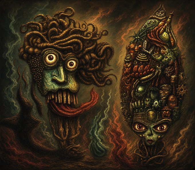 A surreal, dark fantasy illustration of two otherworldly figures with wide staring eyes, intricate textured bodies made of swirling organic and mechanical elements in greens and reddish-browns, surrounded by smoky tendrils.