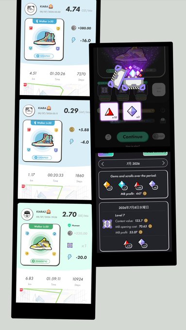 A collage of mobile app screenshots showing fitness or crypto activity stats, featuring running shoes, Mt. Fuji icons, and various metrics like 'Kiara 4.74' and 'Continue' buttons.