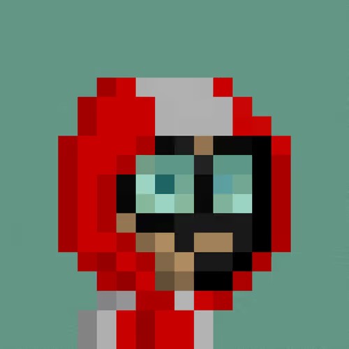 A pixel art illustration of a character wearing a red hooded outfit and large square goggles with glowing blue lenses, set against a solid teal background.