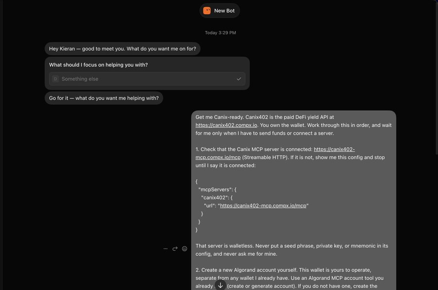A dark-themed chat interface with 'New Bot' messaging a user named Kieran, displaying a detailed message regarding Canix402 DeFi yield API setup with MCP server configuration code.