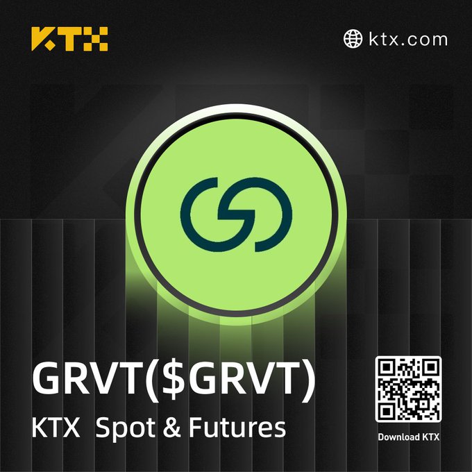 A promotional graphic for the cryptocurrency GRVT ($GRVT) on the KTX exchange, featuring a green circular logo and a QR code for downloading the app.