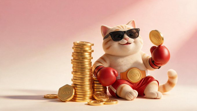 A cartoon cat wearing sunglasses and red boxing gloves poses confidently next to a tall stack of gold coins, with a championship belt reading "PUNCH" and coins labeled "POINT." The image ties into the "Punch" platform's announcement of a new trading arena where users can trade points earned per season and rewards from daily missions.