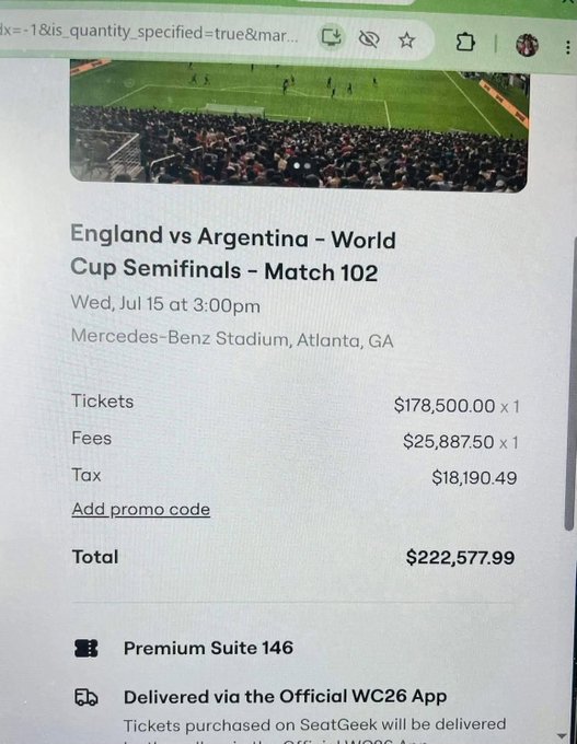 A screenshot of an England vs Argentina World Cup Semifinals (Match 102) ticket purchase showing a Premium Suite 146 ticket with fees totaling $222,577.99.