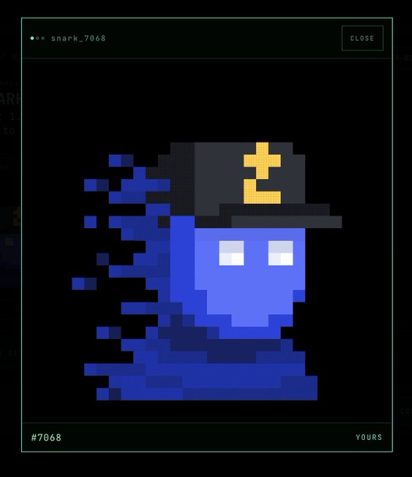 A pixel art graphic of a blue, ghost-like character wearing a black cap with a yellow logo, displayed in a digital interface with the text "snark_7068" and "#7068".