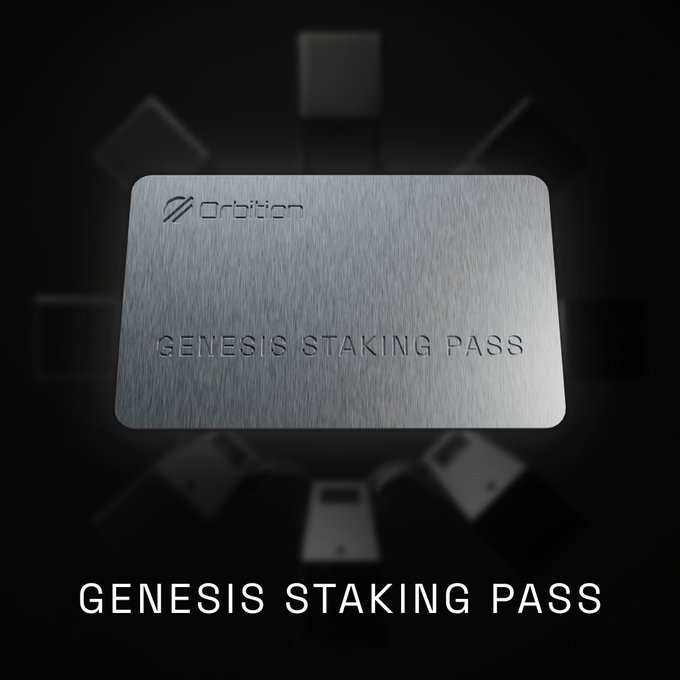 A brushed metal card engraved with the "Orbition" logo and "GENESIS STAKING PASS" text is centered against a dark background featuring faintly visible cards arranged in a circular pattern, with "GENESIS STAKING PASS" displayed in white lettering below—visually representing the limited NFT pass that grants priority access to Orbition's first staking phase.
