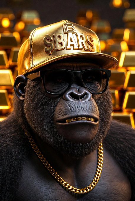 The image features a gorilla wearing glasses and a gold hat with the word "Bars" written on it. The gorilla has a chain around its neck and is surrounded by stacks of gold bars. There are also gold bars visible behind the gorilla, emphasizing the theme of wealth and luxury in the image.