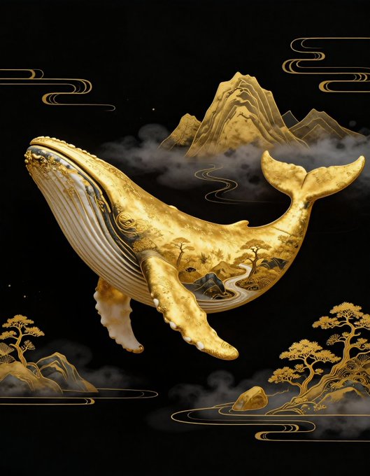 An ornate golden whale adorned with traditional East Asian landscape art (mountains, trees, rivers) swims against a black background decorated with golden cloud motifs and stylized bonsai trees.