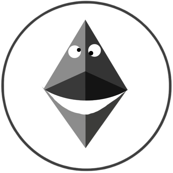 A black and white cartoon illustration of the Ethereum (ETH) logo with googly eyes and a smiling mouth inside a circle.