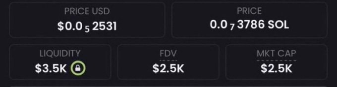 The image shows cryptocurrency metrics for a token priced at $0.002531 USD or 0.073786 SOL, with $3.5K locked liquidity, $2.5K FDV, and $2.5K market cap. These figures illustrate the extremely low market value of the coin being promoted, aligning with the post's claim of a $2K market cap coin being offered with a promise of 1000x returns.