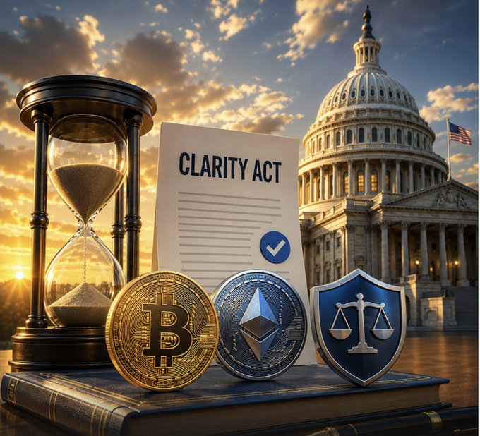 An hourglass, Bitcoin and Ethereum coins, a "CLARITY ACT" document, and a scales-of-justice shield stand before the U.S. Capitol at sunset—symbolizing the dwindling time the Senate has to pass the Crypto Clarity Act before summer recess.