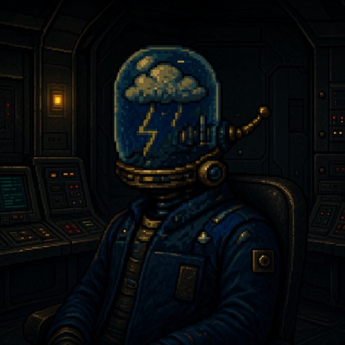 A pixel-art figure with a glass dome head displaying a stormy cloud sits slumped in a dark control chair, illuminated by faint monitor glows. The image visually echoes the post's theme of a dormant "broker" or "punk" figure temporarily paused in a tech-heavy vault, suggesting the system's quiet state before resuming heavier, faster activity.