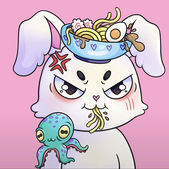 A cartoon illustration of a white bunny with an angry expression wearing a bowl of ramen noodles on its head, with noodles hanging from its mouth and a small green octopus beside it on a pink background.