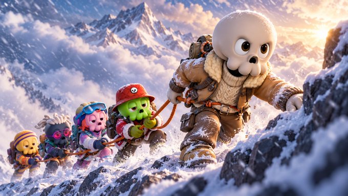 A group of cartoon characters in winter climbing gear ascend a snowy mountain peak, with a large white seal-like creature leading the way while smaller colorful characters hold onto a rope behind it.