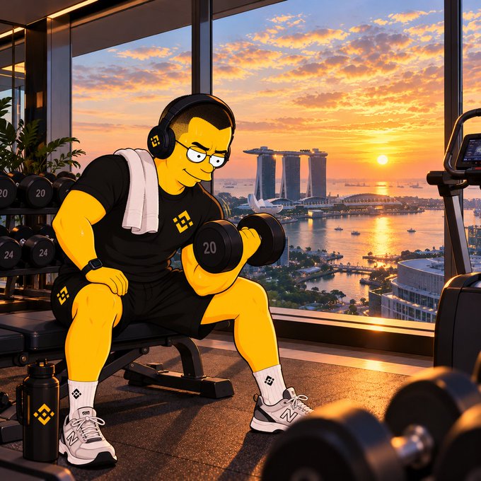 A digital illustration of a muscular yellow character wearing headphones and lifting a 20lb dumbbell in a gym with a sunset cityscape view.