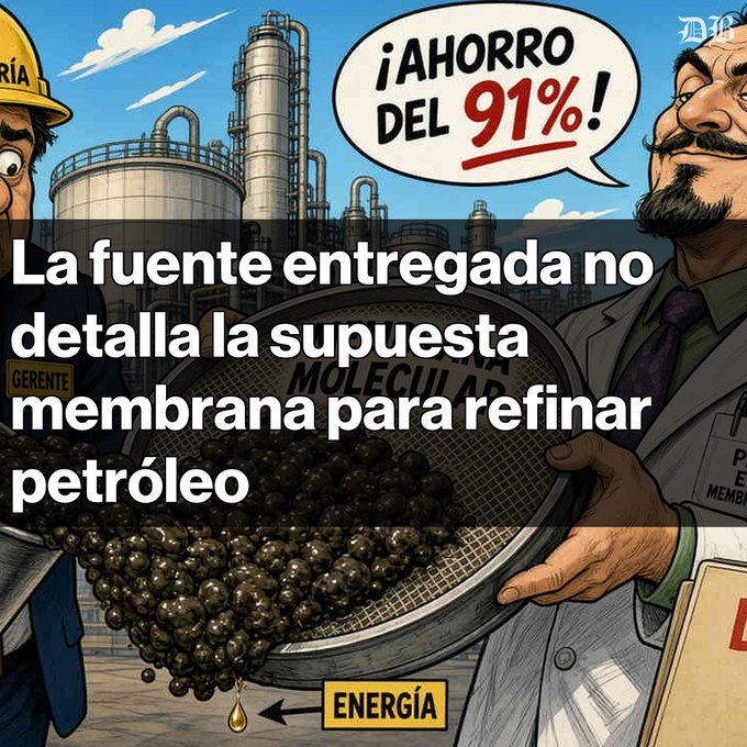 A cartoon-style illustration of two men at an oil refinery, with one declaring '¡AHORRO DEL 91%!' while pouring black spheres through a 'MOLECULAR MEMBRANE' sieve; text overlay reads 'La fuente entregada no detalla la supuesta membrana para refinar petróleo'.