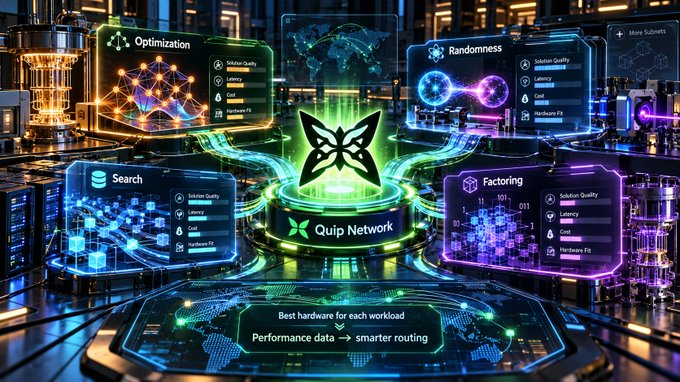 A futuristic digital dashboard displays a central 'Quip Network' logo surrounded by four glowing panels labeled 'Optimization', 'Randomness', 'Search', and 'Factoring', with text reading 'Best hardware for each workload' and 'Performance data → smarter routing'.