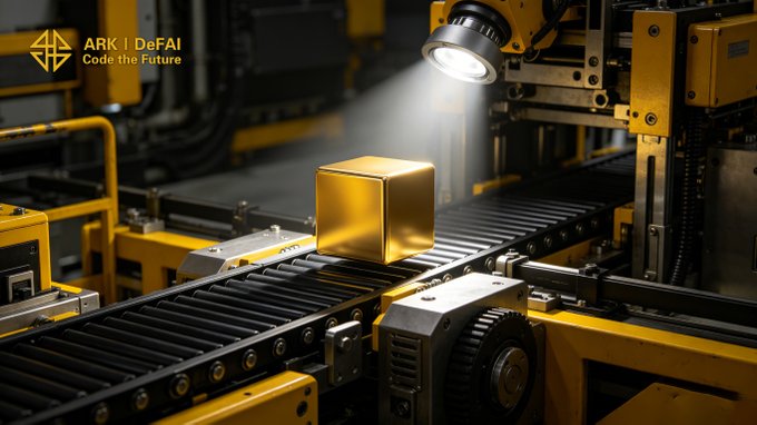 A golden cube moves along an industrial conveyor belt beneath a scanning light, symbolizing raw potential being refined into finished output. The "ARK | DeFAI - Code the Future" logo in the corner ties directly to the post's theme of transforming ideas into structured, executed progress through AI Agents.