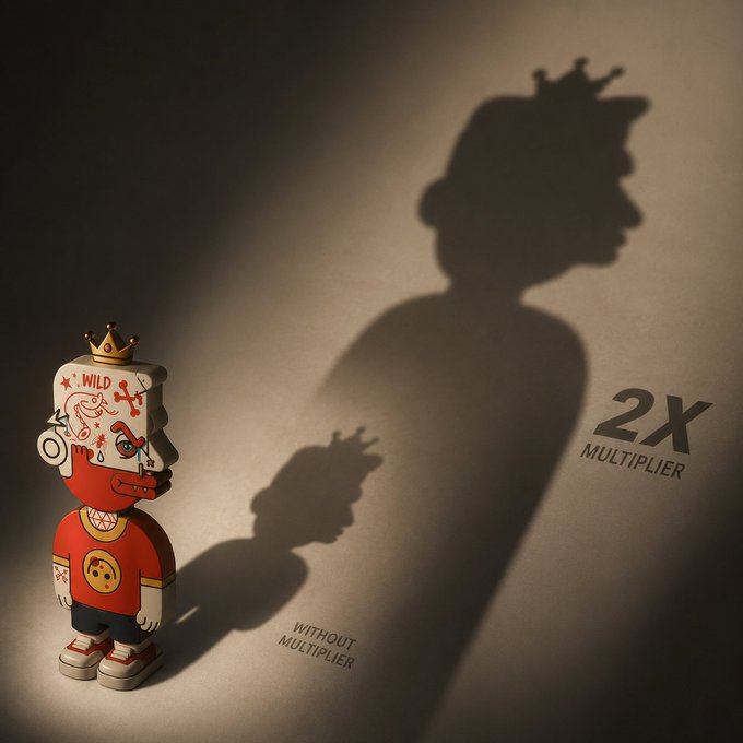 The image features a toy figure of a person wearing a crown, standing against a white background. The shadow of this figure is cast onto the wall behind it, creating an interesting visual effect. Below the figure's shadow, there is text that reads "2x multiplier". This suggests that the toy figure has been used to promote a contest or giveaway related to a 2x multiplier.