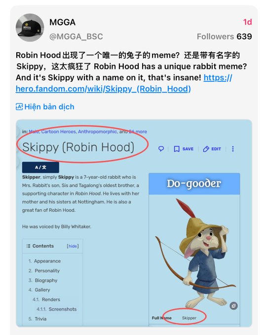 The image shows a wiki page for "Skippy (Robin Hood)", a rabbit character, which relates to the accompanying post about buying 28% supply of a "shitcoin" named Skippy.